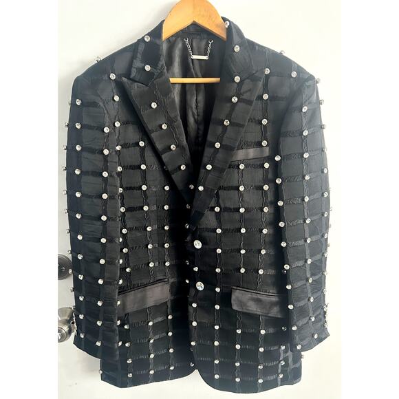 BARABAS Black Caged Rhinestone Diamond Men’s Blazer Jacket Slim Fit Sz 40/Medium - Picture 2 of 12